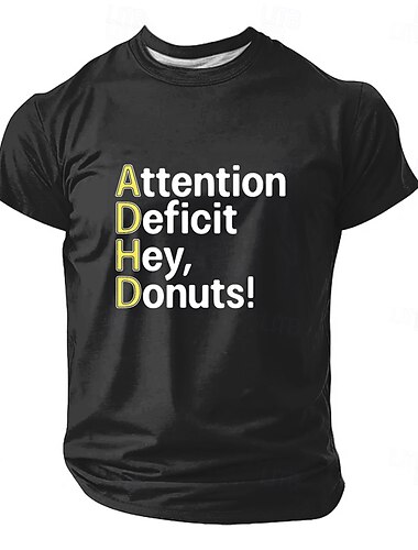  Koszulka męska z nadrukiem ADHD, deficyt uwagi, Hej, pączki, zabawny, sarkastyczny humor, mem, grafika, regularny krój, krótki rękaw, swobodny prezent, markowa odzież, rozmiar S, M, L, XL, XXL, XXXL