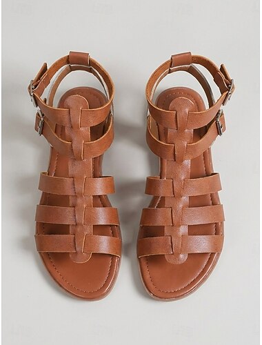  Dámské hnědé gladiátorské sandály s přezkou, ploché boty s pásky a otevřenou špičkou, ležérní obuv na letní denní nošení, nakupování, cestování, dovolenou &neformální výlety