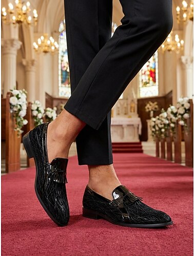  Herre loafers med kvast i eksklusivt skinn, svarte, elegante pensko til bryllup, formelle arrangementer og spesielle anledninger