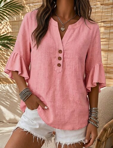  Per donna Blusa Camicia di cotone Volant Bottoni Tinta unica Semplice Quotidiano Elegante Essenziale Manica 3/4 Scollo a V Top lunghi Casuale Quotidiano Blu Nero Bianco Giallo Rosa Estate Primavera