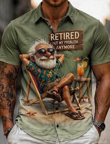  Herr Rolig Tecknad figur Gammal man Skjorta Sommarskjorta Knapp upp skjorta Kortärmad Vintage retro Dagligen Utomhus Semester Sommar Vår Nedvikt 3D-utskrift krage skjortor Blå Violett Grön