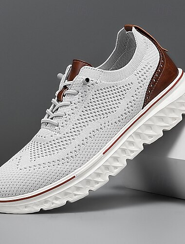  Herrsneakers i vitt och brunt stickat, flexibla lågskor, ventilerande komfort för vardagsbruk, resor och helgutflykter