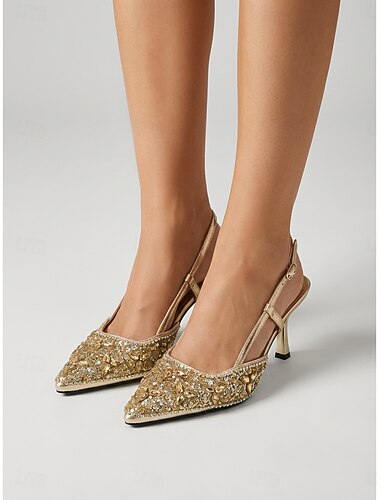  női arany díszítésű slingback magassarkú cipők – elegáns hegyes orrú cipők kerti esküvői vendégeknek &hivatalos nyári események