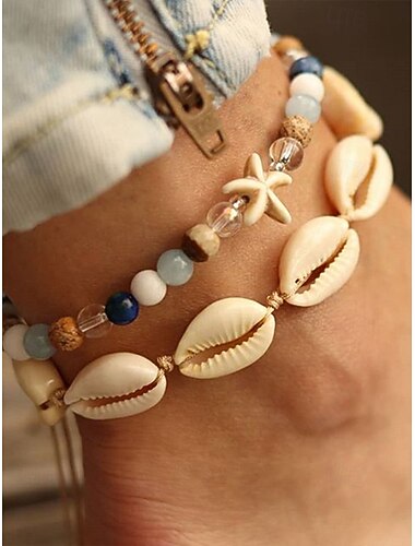  Set de brățări de gleznă boeme pentru femei cu model de scoici și pandantive stea, strat dublu, lungime reglabilă, perfect pentru vacanțe la plajă, ținute casual de zi cu zi și accesorii de vară