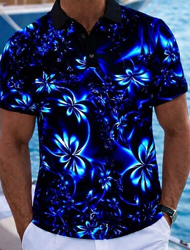  男性用 フラワー ハワイアンポロシャツ 半袖 ポロシャツ ラペル カジュアル リゾート アスレイジャー バケーションウェア 3Dプリント ボタン 春夏 ブルー ネイビーブルー パープル