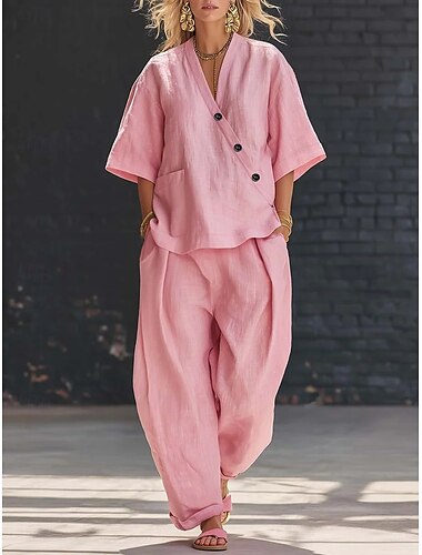  Damen Hosen-Sets Kunstbaumwollleinen Dreiviertelarm V Ausschnitt Einfarbig Mode Streetwear Lässig Täglich Outdoor Blau Schwarz Rosa Sommer Lässiger Schnitt