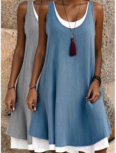  Több csomag 2db Női Terített nyak Ujjatlan Zöld+Szürke hétköznapi ruha Ujjatlan ruha nyári ruha Többrétegű hamis két darab Sima Hétköznapi Napi Poliészter Nyár