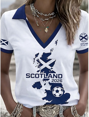  Damen T Shirt Farbblock Druck Grafik Fussballteam Stilvoll Klassisch Lässig Kurzarm V Ausschnitt Polokragen Normale Oberteile Täglich Sport Ausgehen Blau Sommer Frühling