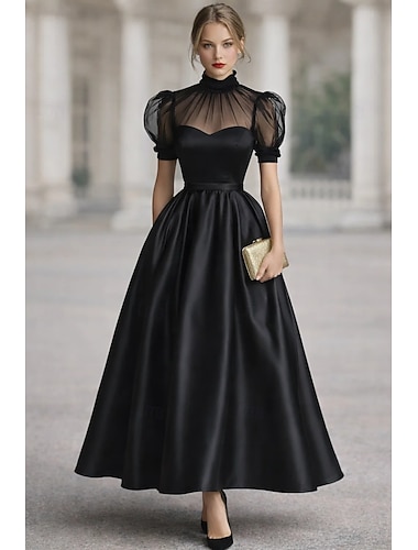  A-Linie Knöchellänge Cocktailkleider Elegant Vintage Halbformelle Kleider Kurzarm Hoher Ausschnitt Gartenparty Hochzeit Tasche Satin Tüll mit Falten