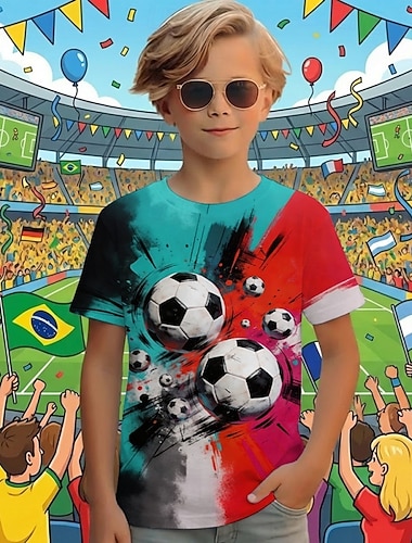  Jungen 3D Grafik Fußball T-Shirt Kurzarm 3D-Druck Sommer Frühling Sport Mode Streetwear Kinder 4-12 Jahre Rundhalsausschnitt Lässig Täglich Outdoor Normale Passform