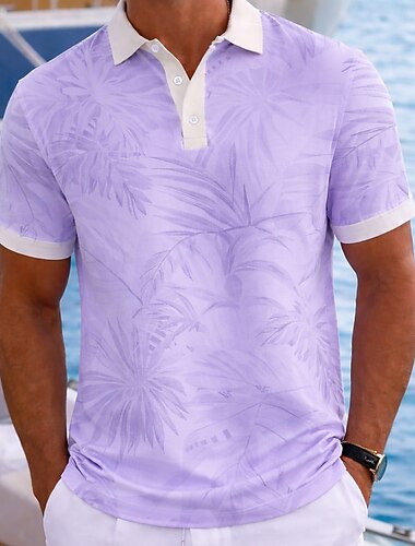  男性用 植物 ハワイアンポロシャツ 半袖 ポロシャツ 襟付きシャツ カジュアル アスレイジャー デイリーウェア バケーションウェア 3Dプリント ボタン 高通気性メッシュ 春夏 ブルー パープル グリーン