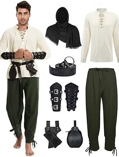  Medieval Renascentist Pantaloni Curea în Talie Cămașă Mâneci Lungi Pirat Viching Ranger Cu Șiret În V Costume de fancy Bărbați Pirat Mascaradă Petrecere Târgul Renașterii LARP Adulți Costum