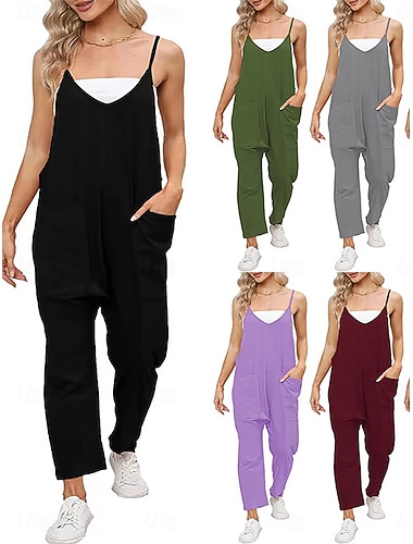 Dámské Kombinéza Aktivní Pevná barva Bez rukávů Široké nohavice Do V Slátanina Kapsy Denní Dovolená Běžný Černá Světle modrá Fialová Léto