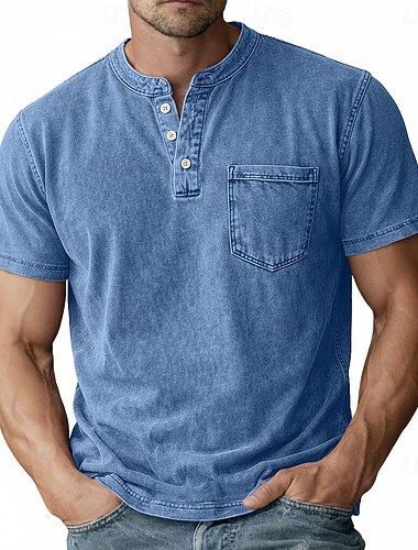  Homme Chemise Henley Chemise 100% coton délavée à l'acide Manche Courte Uni Rétro Vintage Occasionnel Le style rétro Affligé Henley Occasionnel Été Printemps Automne Noir Rose Dragée Vert Claire