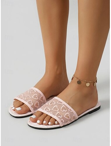  Sandali da donna romantici con cuoricini rosa in rete - graziose ciabatte basse ricamate per vacanze in hotel di lusso e fughe al mare &relax in un resort estivo