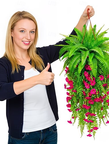  Set di 3 felci artificiali verdi con nappe rosse, piante pendenti fai da te, bouquet di felci bioniche realistiche, adatte per la decorazione della casa, del portico e del davanzale.