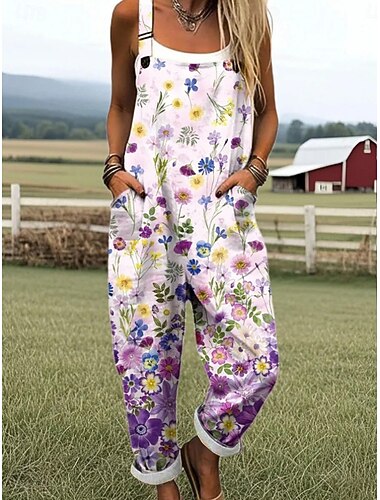  Dames Al met al Actief Bloemig Mouwloos Mouwloos Vierkante hals Zak Afdrukken Dagelijks Vakantie Ruim Passend Wit Lichtgroen Paars Zomer