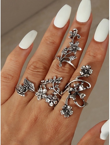  Set van 4 damesringen in bohemian stijl van legering, met bloemenmotief, verstelbare pasvorm, perfect voor strandvakanties, zomeruitjes en casual dagelijks gebruik.