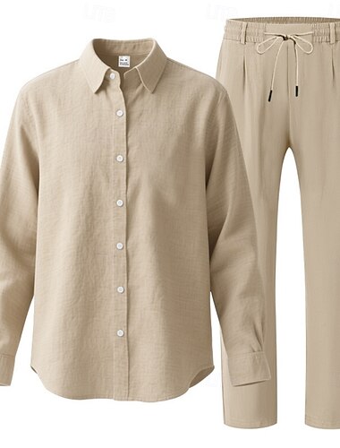  Herren Leinenhemd Zweiteilig Hemd Set Und Leinenhosen Hose Freizeithose Set Einfach Täglich Outdoor Urlaub Umlegekragen Langarm Sommer Frühling Mode Lässig Bequem Bekleidung