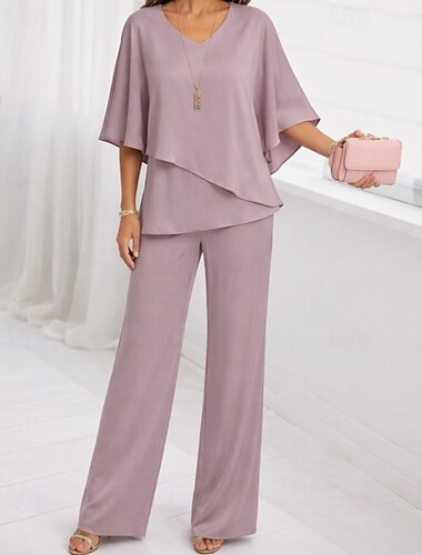  Dam Blus Byxor med vida ben 3/4 ärm V-hals Slät Volang Mode Streetwear Dagligen Ledigt Dagligen Rodnande Rosa Purpur Kaki Vår & Höst Normal