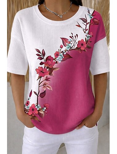  Dame Vaffel T-shirt Strukturerede strikkede toppe Sommertoppe Trykt mønster Grafisk Geometrisk Abstrakt Årgang Stilfuld Klassisk Kortærmet Rund hals Almindelige toppe Afslappet Daglig Hvid / Blå Hvid