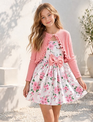  2 Stück Kinder Mädchen Blumen Knotenbinde Anzüge einstellen Langarm Mode Outdoor Ab 4 Jahren Sommer Rosa