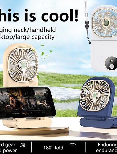  Ventilateur portable à main, ventilateur de cou pliable avec écran LED &Batterie externe, ventilateur de voyage personnel suspendu, ventilateur de bureau pliable à 180° avec support pour téléphone, 3