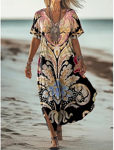  Damen Maxikleid Sommerkleid T-Shirt-Kleid A Linie Kleid Urlaub Lässig Strand Ausgehen Normale Passform Grafik Stammes Kurzarm V Ausschnitt Schwarz Rote Kamel Sommer Frühling