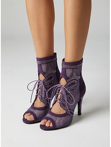  Paarse korte laarsjes voor dames, geschikt voor Latijns-Amerikaanse dans - hoge hak en open teen voor ballroomdansen. &Latijns-Amerikaanse dans