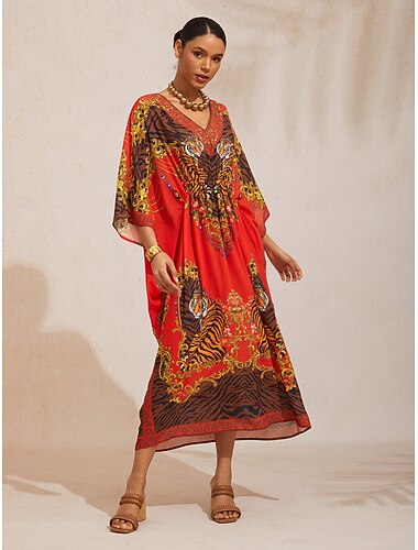  Scarlet Tigress Flowy Chiffon Shirred Kaftan