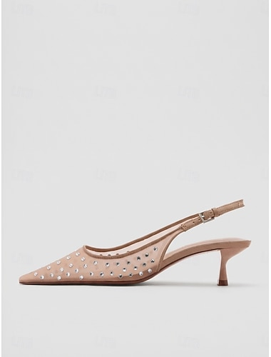  Elegante, nudefarbene Slingback-Pumps mit Strasssteinen und Kitten-Heel, spitze Zehenpartie, perfekt für Hochzeitsgäste und Gartenhochzeiten. &formelle Veranstaltungen