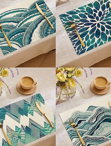  Tischset im sommerlichen Ozean-Stil, rechteckiges Tischset aus 100 % gewebtem Polyester, geometrisches Ozeanmuster, maschinenwaschbar, hitzebeständig, strapazierfähiger Tischschutz, für die moderne