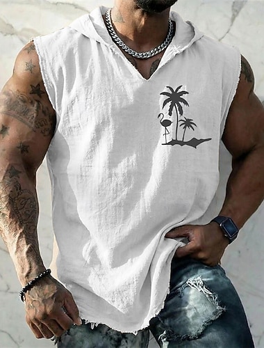  herre flamingo palmetre tropisk bohemsk vintage ermeløs hettevest grafisk bomull lin frynsete rå fald løs passform strandferie designerklær s m l xl xxl xxxl