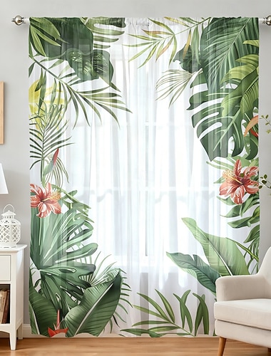  Vier-Jahreszeiten-Fenstervorhang für Schlaf- und Wohnzimmer mit Stange, florales Tuschemalerei-Design, weicher und luftiger Effekt, elegante und leichte Fensterdekoration