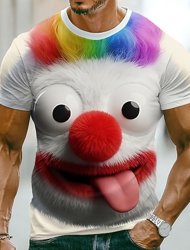  Realistisches 3D-Clown-T-Shirt für Herren mit roter Nase und herausgestreckter Zunge – witziger Allover-Print, normale Passform, lässig, alltagstauglich, Kostümparty-Geschenk, Designer-Kleidung,