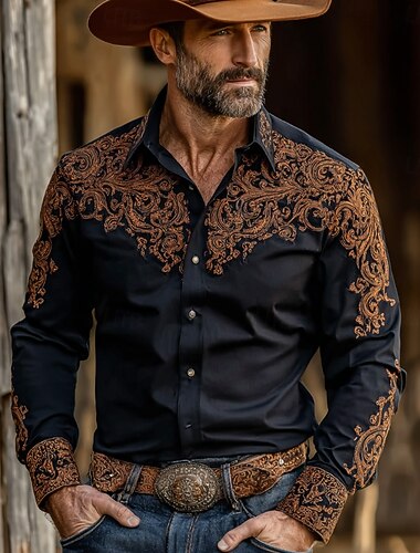  בגדי ריקוד גברים אתני פרחוני מורכב חולצה חולצה מערבית חולצת בוקרים שרוול ארוך רטרו וינטג' קזו'אל בָּחוּץ לבוש עבודה קיץ אביב צווארון מתקפל הדפסת תלת מימד חולצה כמו פשתן חולצות מכופתרות