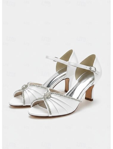  Witte satijnen peeptoe hakken voor dames met enkelbandje met strass – elegante cocktail- en bruidsschoenen voor avondfeesten