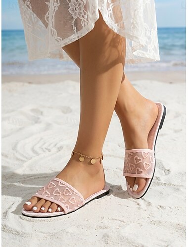  Sandali da donna romantici con cuoricini rosa in rete - graziose ciabatte basse ricamate per vacanze in hotel di lusso e fughe al mare &relax in un resort estivo
