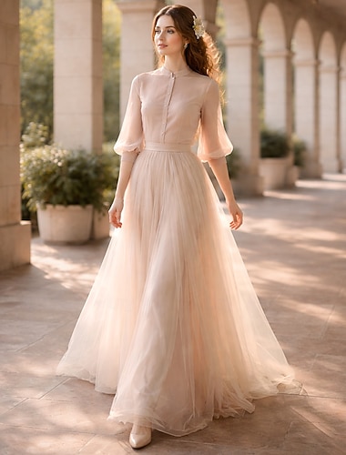  Zweiteilig Bodenlang Abiballkleider Empire-Stil Minimalistisch Gestuftes Plissee Langarm Stehkragen Hochzeitsgast Formeller Abend Chiffon mit Knöpfe Gestuft