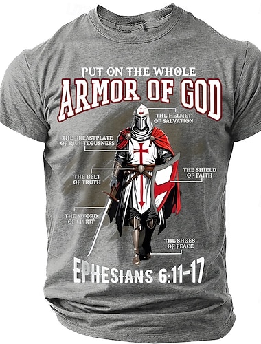  Camiseta Masculina da Bíblia dos Cruzados Vista a Armadura Completa de Deus Cavaleiro Medieval Cruzado Efésios 6:11-17 Verso Bíblico Guerreiro Cristão Camiseta Gráfica de Manga Curta Vestuário da