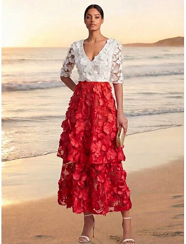  A-linje Ankellång Cocktailklänningar Elegant Vintage Färgblock Halvlång ärm V-hals Bröllop Formell Satäng Spets Djupt ringad rygg med Broderad blomma Broderad Ficka