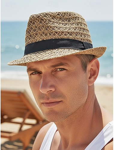  Heren fedora in bohemian stijl, gemaakt van ademend stro, geweven zomerse strandhoed voor vakantie, resortreizen, casual outfits en dagelijks gebruik.