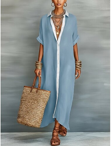  Maxikleid aus Baumwolle und Leinen, Hemdblusenkleid, Etuikleid, Sommerkleid, lässiges Alltagskleid, lockere Passform, einfarbig, 3/4-Ärmel, Reverskragen, schwarz, rosa, himmelblau, grün, Sommer, Frühling