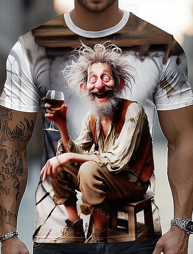 Herre morsom, gal, gammel mann som holder vinglass, lunefull karakter, nyhet, humor, 3D-animasjonsstil, heldekkende t-skjorte, avslappet, korte ermer, fest, pubantrekk, designerklær, s m l xl xxl xxxl