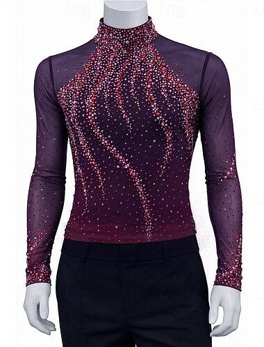  Kunstschaatstopje Voor heren Schaatsen Tops Rood Lapwerk Rekbaar Opleiding Wedstrijd Kunstschaatskleding Klassiek Kristal / Bergkristal Lange mouw Schaatsen Kunstschaatsen