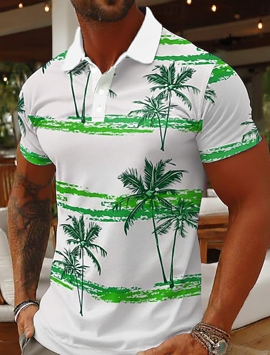  בגדי ריקוד גברים עץ דקל חולצות פולו שרוולים קצרים חולצות פולו חולצות עם צווארון יום יומי בגדי ספורט ומנוחה בגדי נופש הדפסת תלת מימד כפתורים רשת נושמת אביב קיץ פול חום תלתן