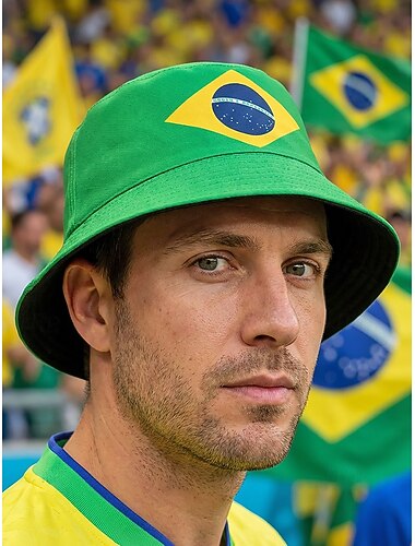  Omkeerbare polyester bucket hat voor heren, met print van de Braziliaanse vlag, lichtgewicht voetbalpet voor wedstrijddagen, supporters, casual sport en outdoor kleding.
