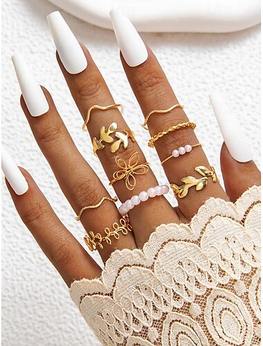  Γυναικείο σετ δαχτυλιδιών 10 τεμαχίων σε μποέμ στυλ, ρυθμιζόμενα δαχτυλίδια από χρυσό και ασημί κράμα, στοιβαζόμενα για διακοπές στην παραλία, φεστιβάλ και καθημερινή casual εμφάνιση