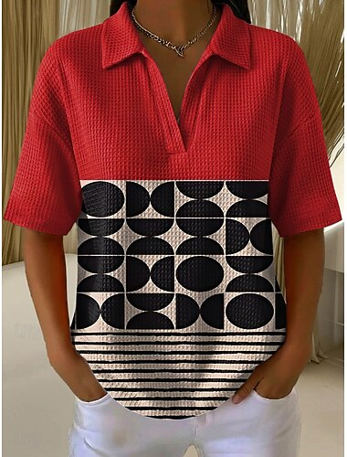  Womens Waffle Sommer Toppe Grafisk Geometrisk Elegant Vintage Stilfuld Kort Ærme V Hals Almindelige Toppe Casual Daglig Rød Grøn Grå Sommer Forår