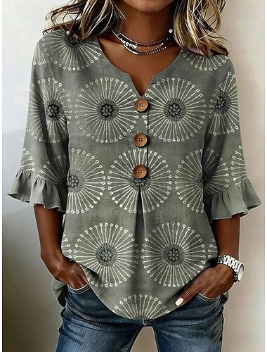  Damskie Koszula Kwiaty Graficzny Zabytkowe Elegancki Długi rękaw W serek Zwykłe topy Codzienny Święto Wyjściowe Żółty + różowy Khaki + Biały + Szary Zielony Jasnoniebieski Lato Wiosna